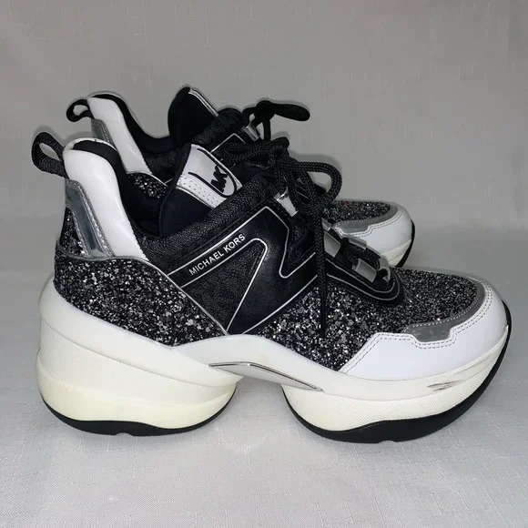 MICHAEL KORS Olympia Glitter Trainer Sneaker Women’s Black Silver 8.5M Lace Up - Picture 7 of 17